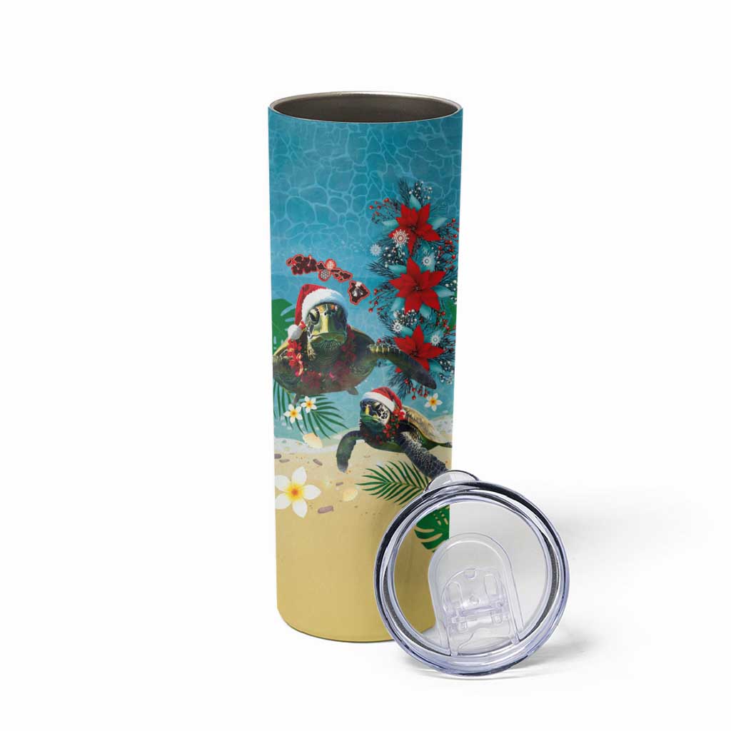Hawaiian Mele Kalikimaka Skinny Tumbler Tropical Xmas Turtles Red Poinsettia Watercolor - Polynesian Pride