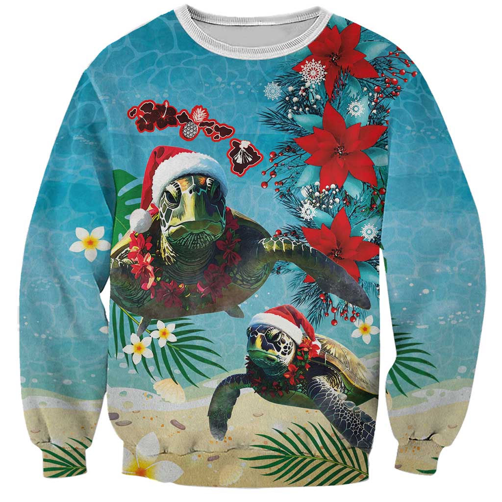 Hawaiian Mele Kalikimaka Sweatshirt Tropical Xmas Turtles Red Poinsettia Watercolor - Polynesian Pride