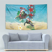 Hawaiian Mele Kalikimaka Tapestry Tropical Xmas Turtles Red Poinsettia Watercolor - Polynesian Pride