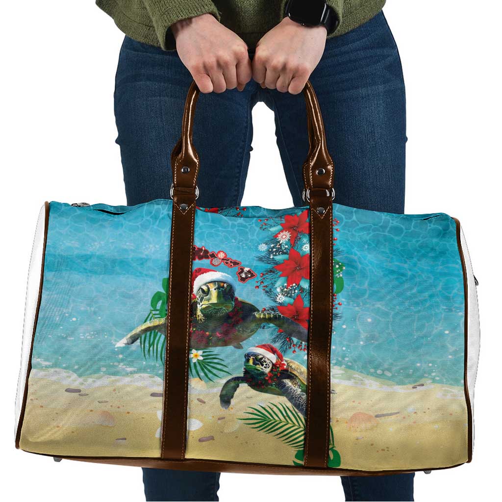 Hawaiian Mele Kalikimaka Travel Bag Tropical Xmas Turtles Red Poinsettia Watercolor - Polynesian Pride