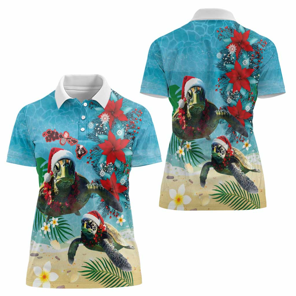 Hawaiian Mele Kalikimaka Women Polo Shirt Tropical Xmas Turtles Red Poinsettia Watercolor LT03 - Polynesian Pride