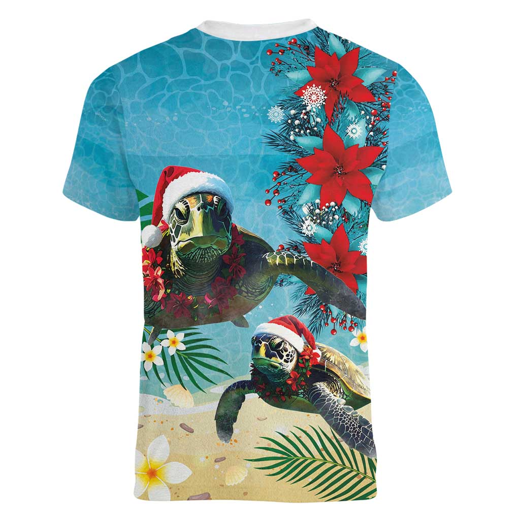 Hawaiian Mele Kalikimaka Women V-Neck T-Shirt Tropical Xmas Turtles Red Poinsettia Watercolor - Polynesian Pride