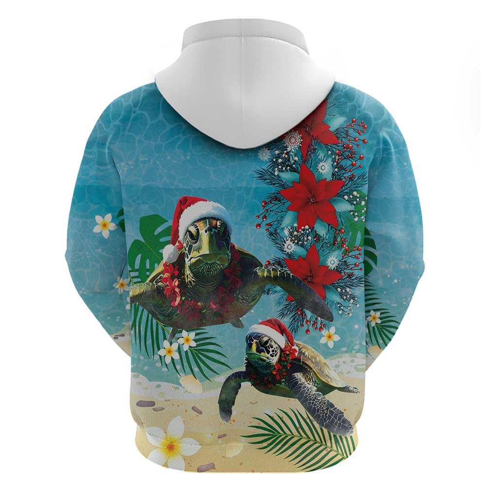Hawaiian Mele Kalikimaka Zip Hoodie Tropical Xmas Turtles Red Poinsettia Watercolor - Polynesian Pride