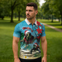 Hawaiian Mele Kalikimaka Zipper Polo Shirt Tropical Xmas Turtles Red Poinsettia Watercolor - Polynesian Pride