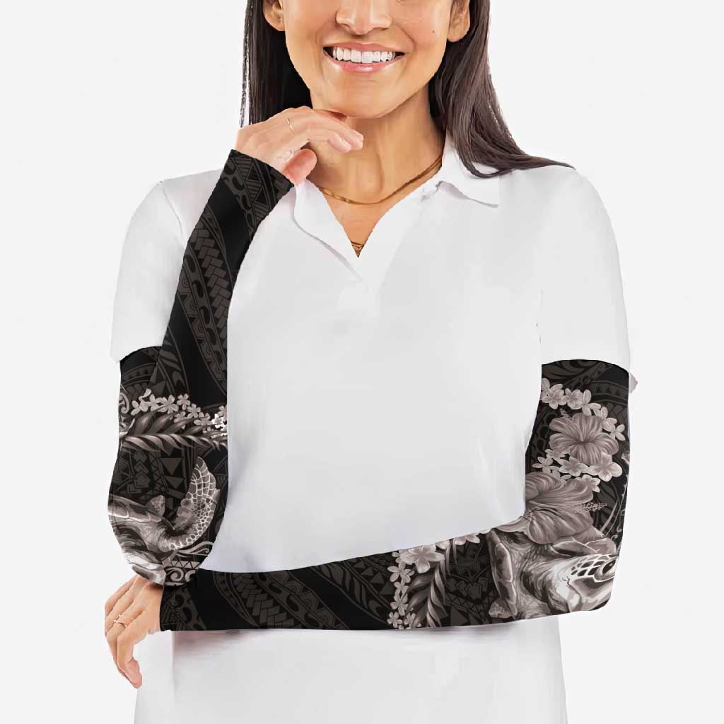 Hawaiian Plumeria and Hibiscus with Turtles Arm Sleeves Polynesian Art Grayscale - Polynesian Pride