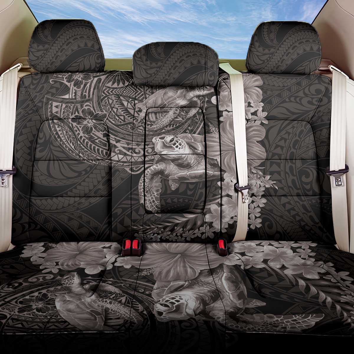 Hawaiian Plumeria and Hibiscus with Turtles Back Car Seat Cover Polynesian Art Grayscale - Polynesian Pride