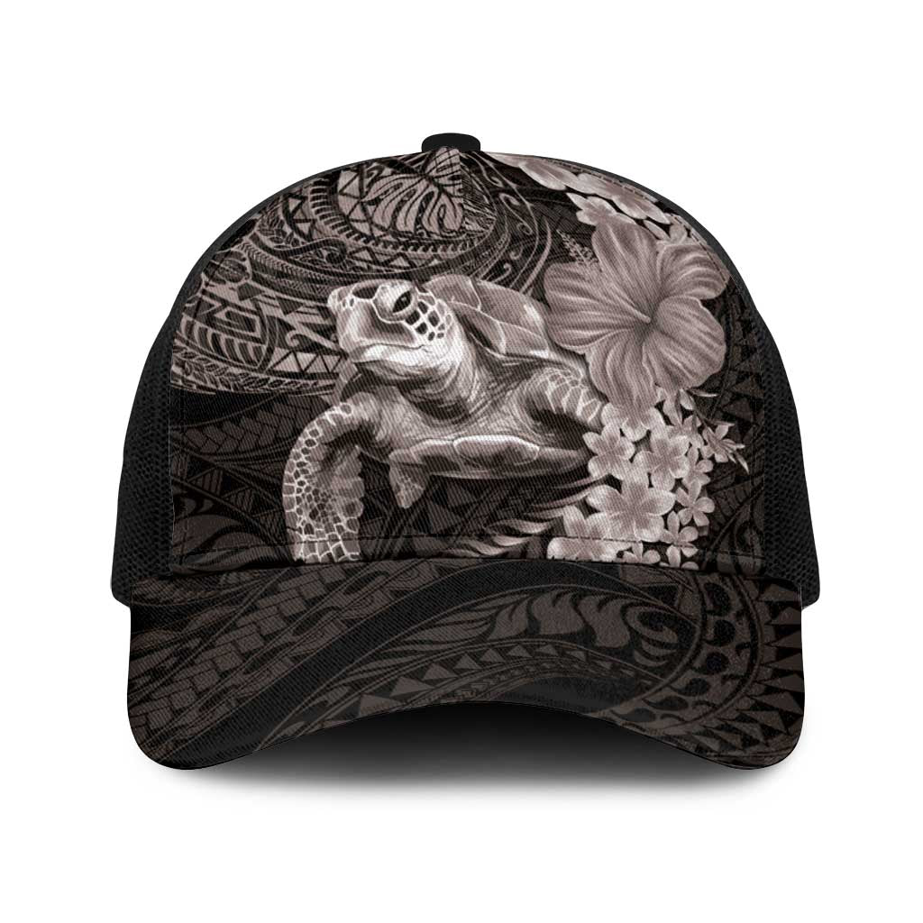 Hawaiian Plumeria and Hibiscus with Turtles Baseball Net Cap Polynesian Art Grayscale - Polynesian Pride
