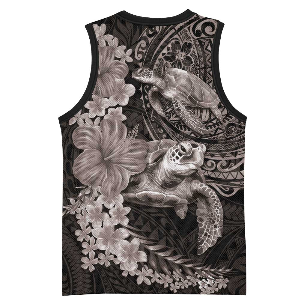 Hawaiian Plumeria and Hibiscus with Turtles Basketball Jersey Polynesian Art Grayscale - Polynesian Pride