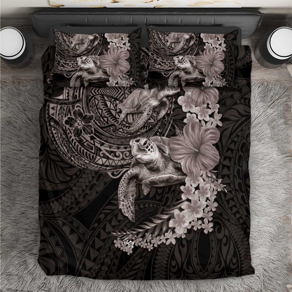 Hawaiian Plumeria and Hibiscus with Turtles Bedding Set Polynesian Art Grayscale - Polynesian Pride