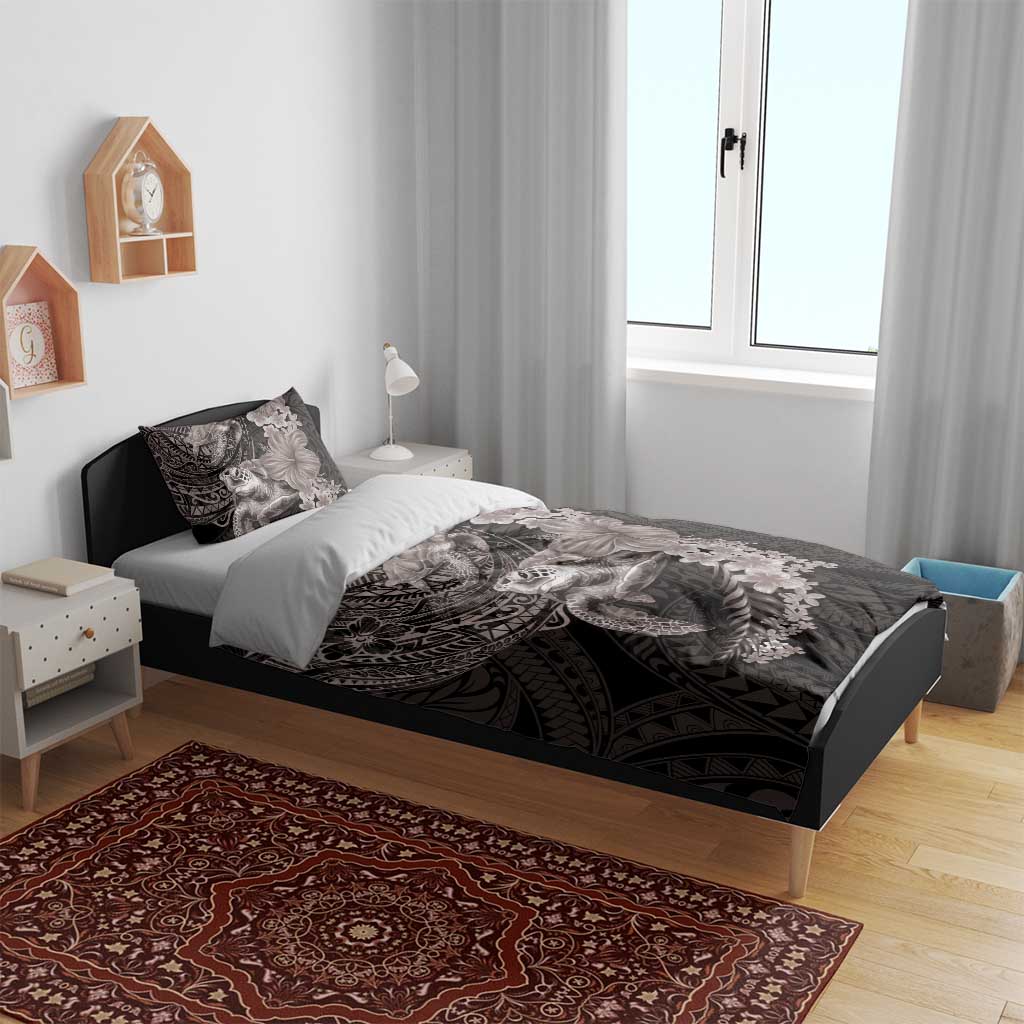 Hawaiian Plumeria and Hibiscus with Turtles Bedding Set Polynesian Art Grayscale - Polynesian Pride