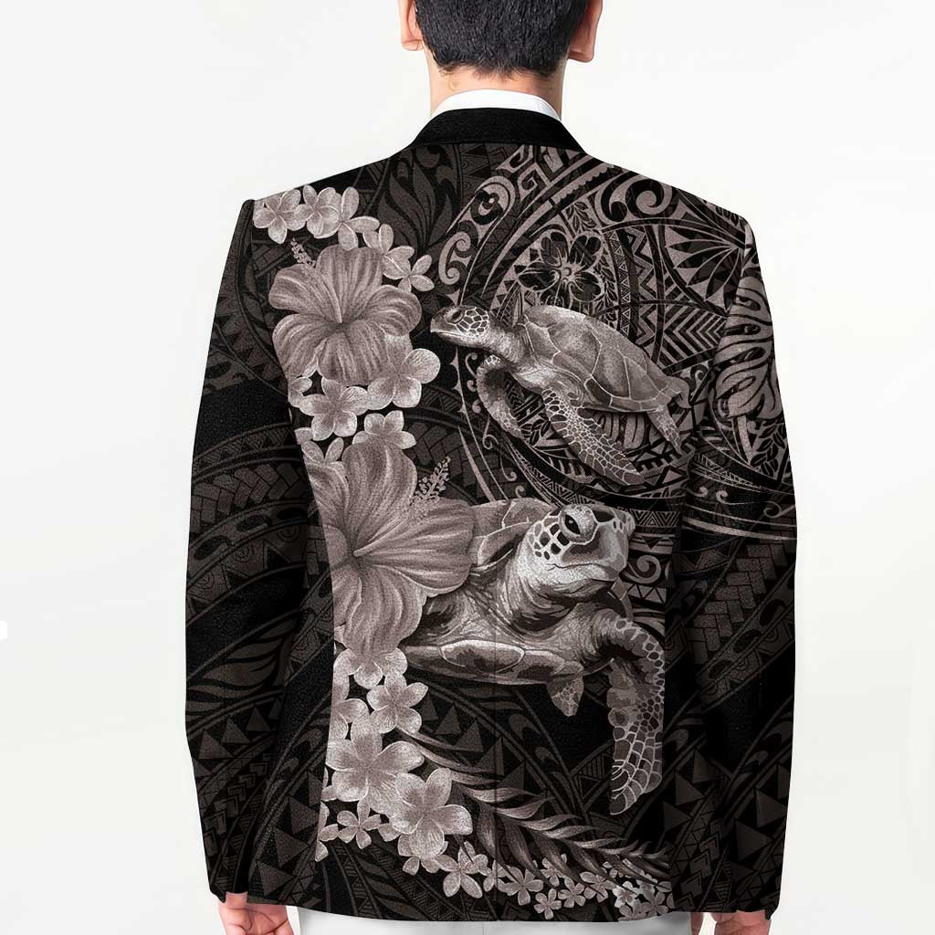 Hawaiian Plumeria and Hibiscus with Turtles Blazer Polynesian Art Grayscale - Polynesian Pride