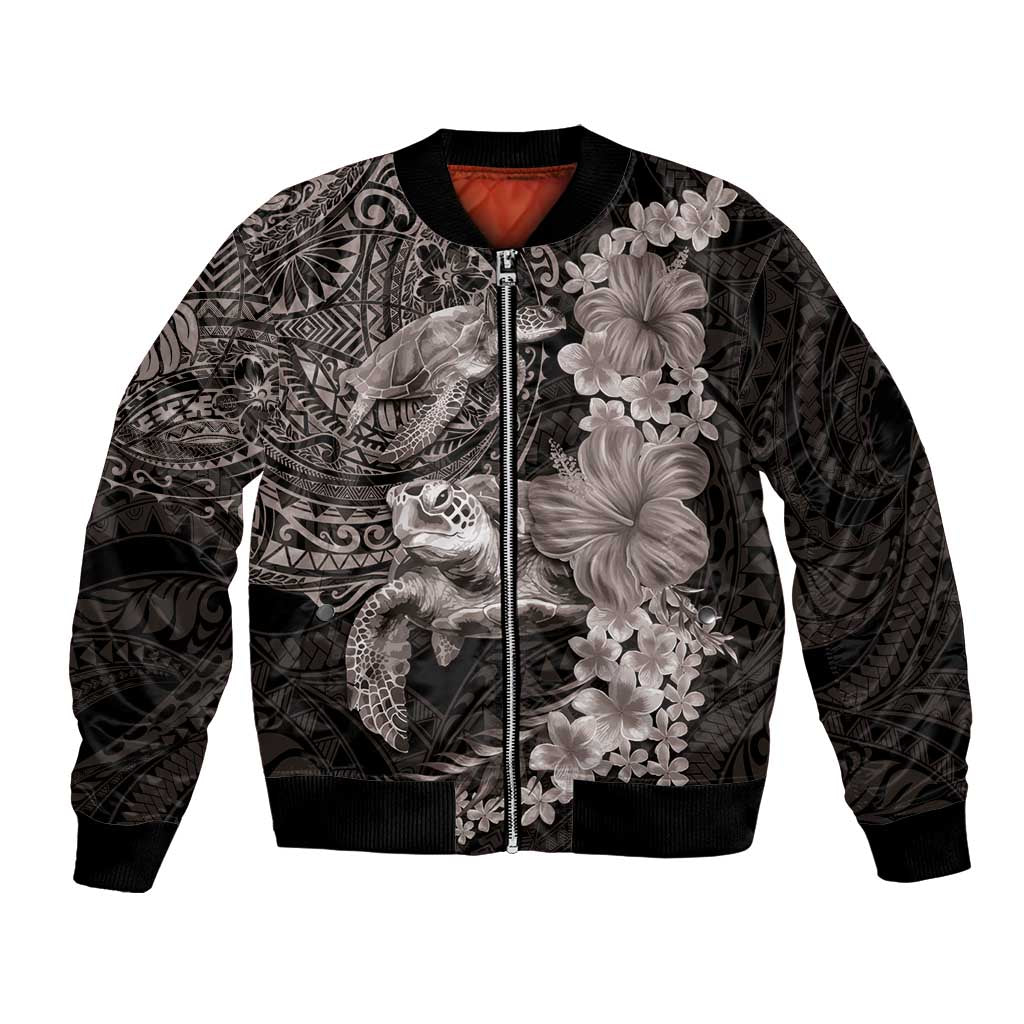 Hawaiian Plumeria and Hibiscus with Turtles Bomber Jacket Polynesian Art Grayscale - Polynesian Pride