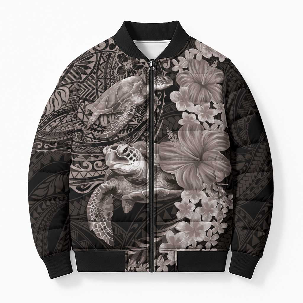 Hawaiian Plumeria and Hibiscus with Turtles Bomber Puffer Jacket Polynesian Art Grayscale - Polynesian Pride