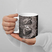 Hawaiian Plumeria and Hibiscus with Turtles Ceramic Mug Polynesian Art Grayscale - Polynesian Pride