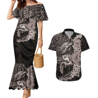 Hawaiian Plumeria and Hibiscus with Turtles Couples Matching Mermaid Dress and Hawaiian Shirt Polynesian Art Grayscale LT03 Black - Polynesian Pride