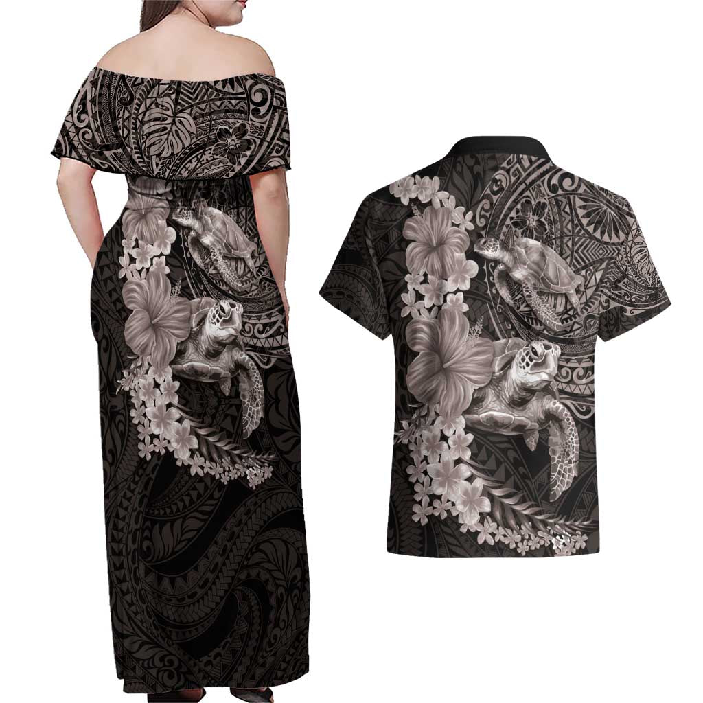Hawaiian Plumeria and Hibiscus with Turtles Couples Matching Off Shoulder Maxi Dress and Hawaiian Shirt Polynesian Art Grayscale LT03 - Polynesian Pride