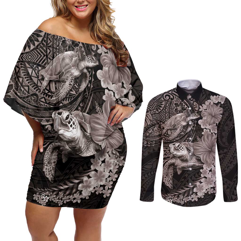 Hawaiian Plumeria and Hibiscus with Turtles Couples Matching Off Shoulder Short Dress and Long Sleeve Button Shirt Polynesian Art Grayscale - Polynesian Pride