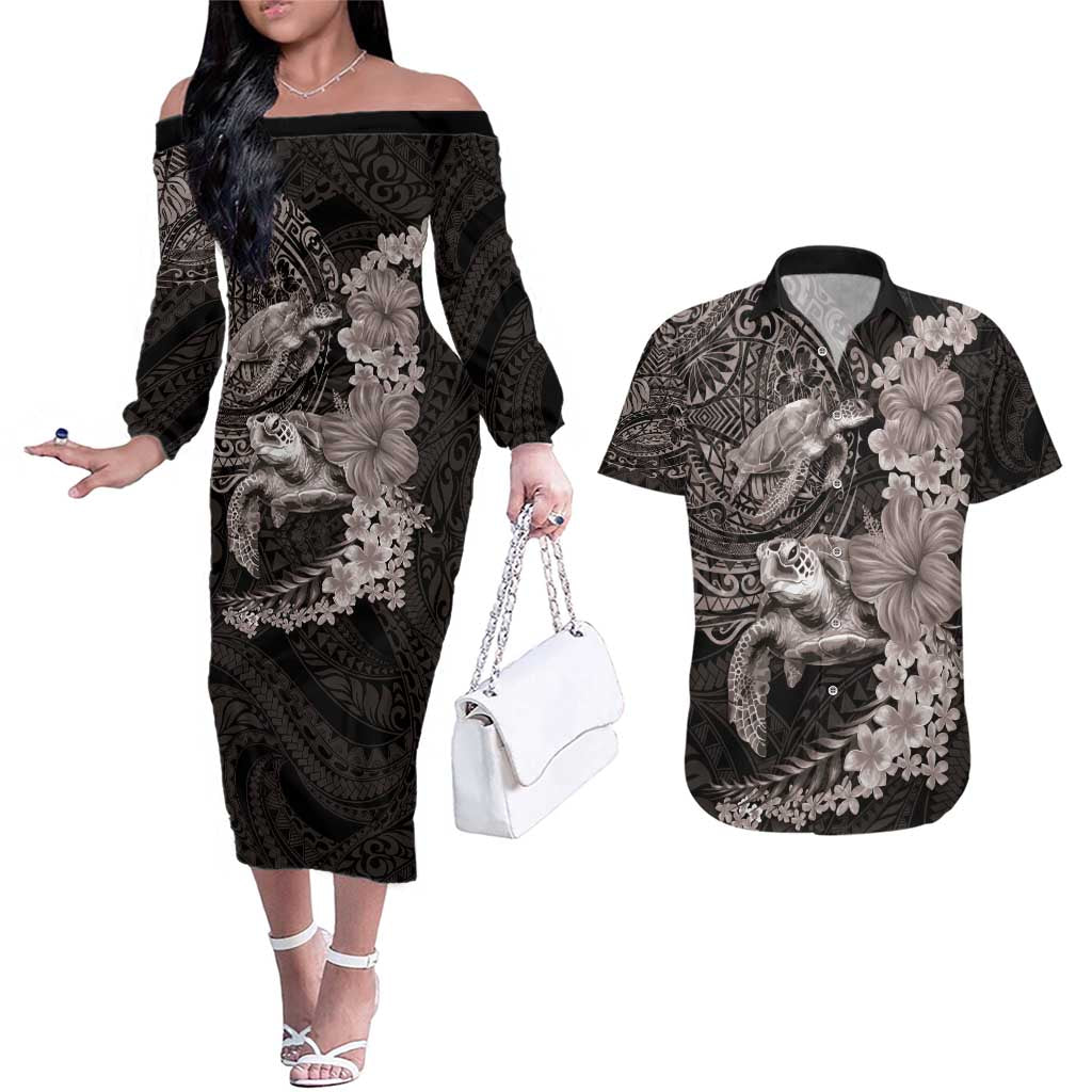 Hawaiian Plumeria and Hibiscus with Turtles Couples Matching Off The Shoulder Long Sleeve Dress and Hawaiian Shirt Polynesian Art Grayscale LT03 Black - Polynesian Pride