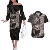 Hawaiian Plumeria and Hibiscus with Turtles Couples Matching Off The Shoulder Long Sleeve Dress and Hawaiian Shirt Polynesian Art Grayscale LT03 Black - Polynesian Pride
