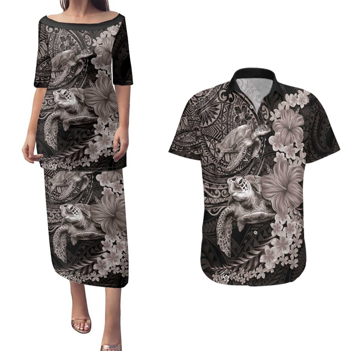Hawaiian Plumeria and Hibiscus with Turtles Couples Matching Puletasi and Hawaiian Shirt Polynesian Art Grayscale - Polynesian Pride