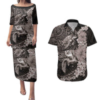 Hawaiian Plumeria and Hibiscus with Turtles Couples Matching Puletasi and Hawaiian Shirt Polynesian Art Grayscale - Polynesian Pride