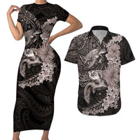Hawaiian Plumeria and Hibiscus with Turtles Couples Matching Short Sleeve Bodycon Dress and Hawaiian Shirt Polynesian Art Grayscale LT03 Black - Polynesian Pride