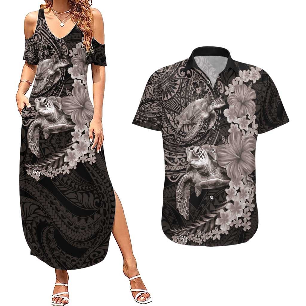 Hawaiian Plumeria and Hibiscus with Turtles Couples Matching Summer Maxi Dress and Hawaiian Shirt Polynesian Art Grayscale LT03 Black - Polynesian Pride
