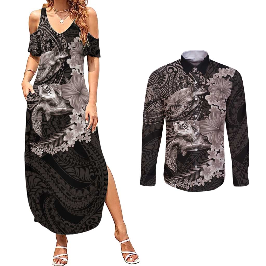 Hawaiian Plumeria and Hibiscus with Turtles Couples Matching Summer Maxi Dress and Long Sleeve Button Shirt Polynesian Art Grayscale - Polynesian Pride