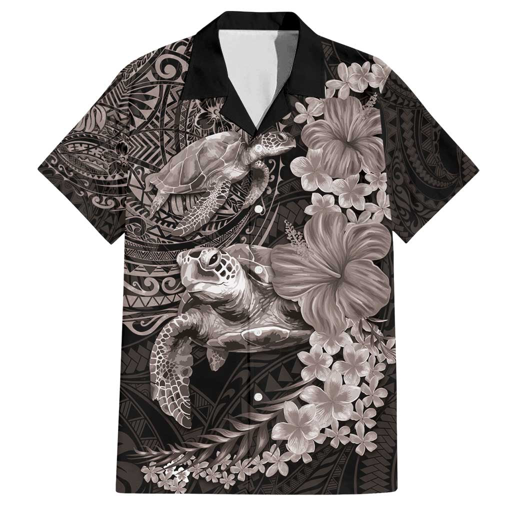 Hawaiian Plumeria and Hibiscus with Turtles Family Matching Long Sleeve Bodycon Dress and Hawaiian Shirt Polynesian Art Grayscale LT03 Dad's Shirt - Short Sleeve Black - Polynesian Pride