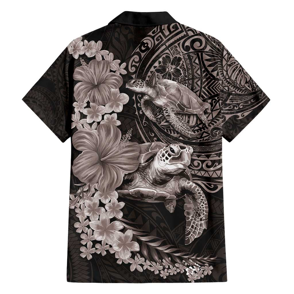 Hawaiian Plumeria and Hibiscus with Turtles Family Matching Long Sleeve Bodycon Dress and Hawaiian Shirt Polynesian Art Grayscale LT03 - Polynesian Pride