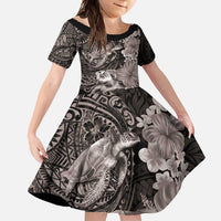 Hawaiian Plumeria and Hibiscus with Turtles Family Matching Mermaid Dress and Hawaiian Shirt Polynesian Art Grayscale LT03 Daughter's Dress Black - Polynesian Pride