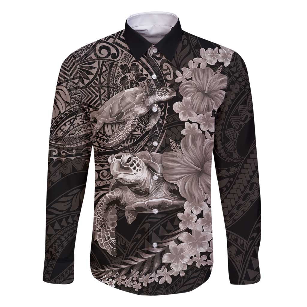 Hawaiian Plumeria and Hibiscus with Turtles Family Matching Mermaid Dress and Hawaiian Shirt Polynesian Art Grayscale LT03 Dad's Shirt - Long Sleeve Black - Polynesian Pride