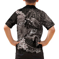 Hawaiian Plumeria and Hibiscus with Turtles Family Matching Off The Shoulder Long Sleeve Dress and Hawaiian Shirt Polynesian Art Grayscale LT03 - Polynesian Pride