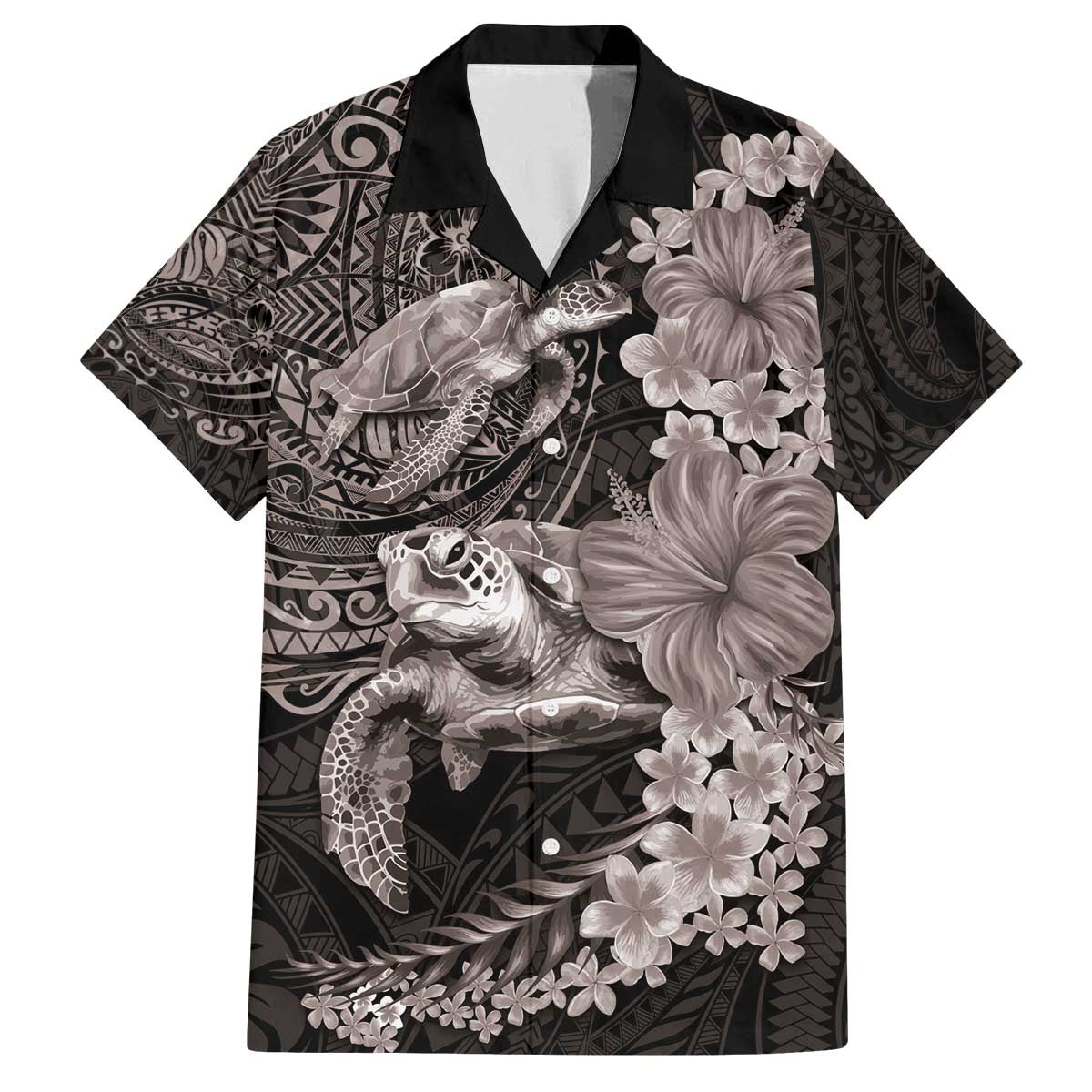 Hawaiian Plumeria and Hibiscus with Turtles Family Matching Off The Shoulder Long Sleeve Dress and Hawaiian Shirt Polynesian Art Grayscale LT03 Dad's Shirt - Short Sleeve Black - Polynesian Pride
