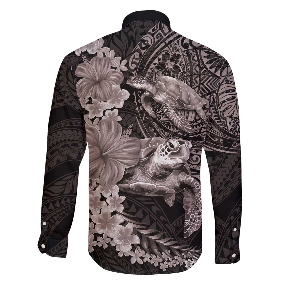 Hawaiian Plumeria and Hibiscus with Turtles Family Matching Off The Shoulder Long Sleeve Dress and Hawaiian Shirt Polynesian Art Grayscale LT03 - Polynesian Pride