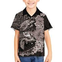 Hawaiian Plumeria and Hibiscus with Turtles Family Matching Off The Shoulder Long Sleeve Dress and Hawaiian Shirt Polynesian Art Grayscale LT03 Son's Shirt Black - Polynesian Pride