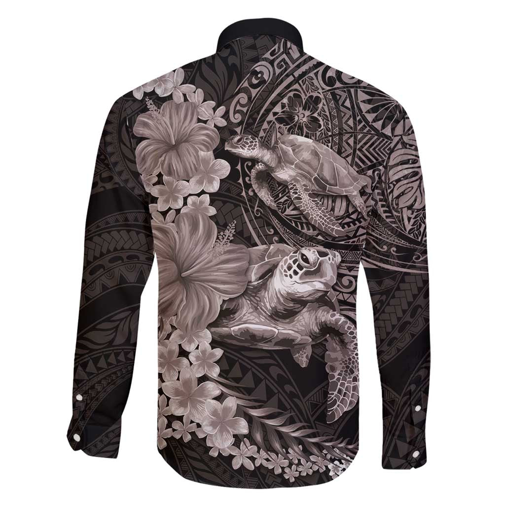 Hawaiian Plumeria and Hibiscus with Turtles Family Matching Off Shoulder Maxi Dress and Hawaiian Shirt Polynesian Art Grayscale LT03 - Polynesian Pride