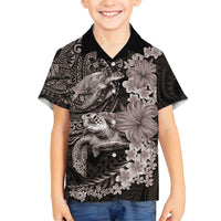 Hawaiian Plumeria and Hibiscus with Turtles Family Matching Off Shoulder Maxi Dress and Hawaiian Shirt Polynesian Art Grayscale LT03 Son's Shirt Black - Polynesian Pride