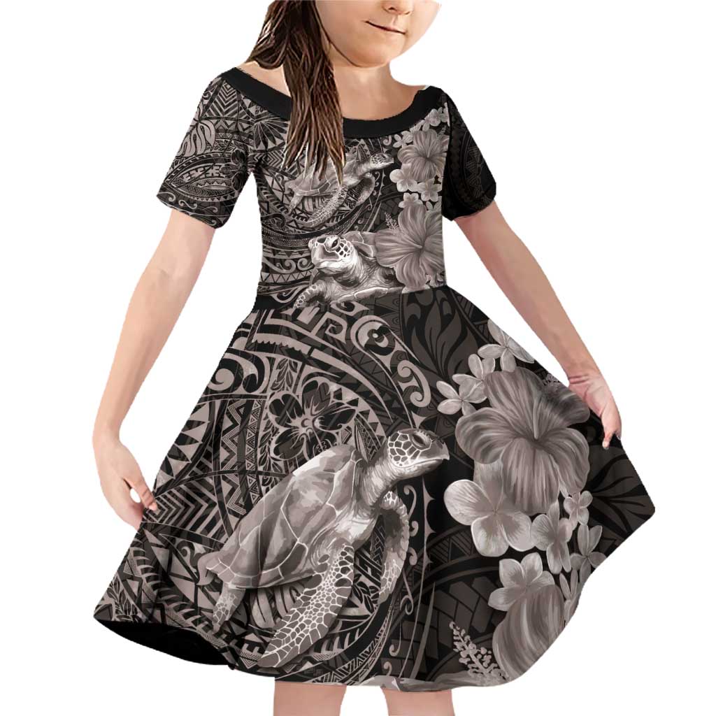 Hawaiian Plumeria and Hibiscus with Turtles Family Matching Off Shoulder Short Dress and Hawaiian Shirt Polynesian Art Grayscale LT03 Daughter's Dress Black - Polynesian Pride