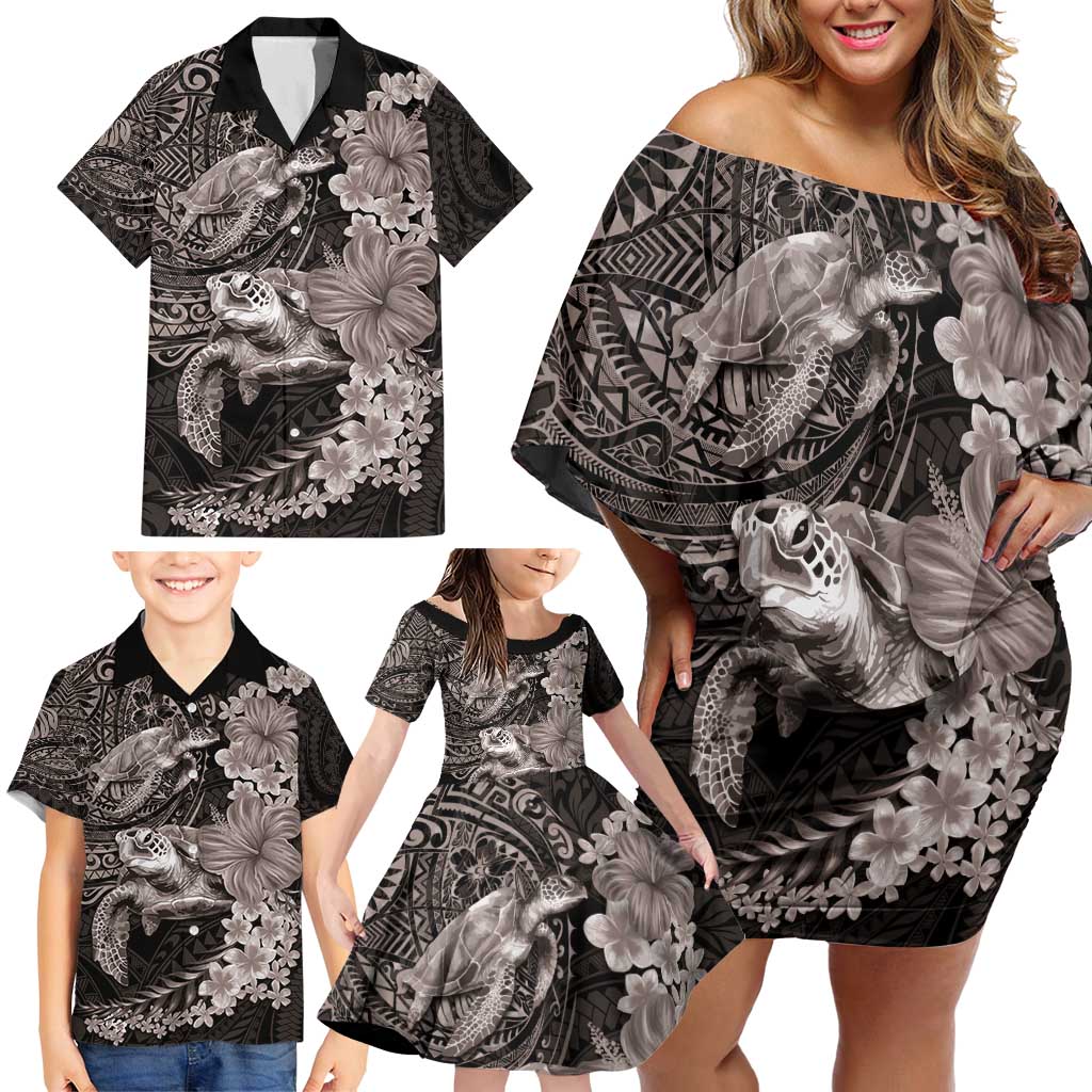 Hawaiian Plumeria and Hibiscus with Turtles Family Matching Off Shoulder Short Dress and Hawaiian Shirt Polynesian Art Grayscale LT03 - Polynesian Pride