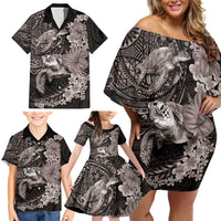 Hawaiian Plumeria and Hibiscus with Turtles Family Matching Off Shoulder Short Dress and Hawaiian Shirt Polynesian Art Grayscale LT03 - Polynesian Pride