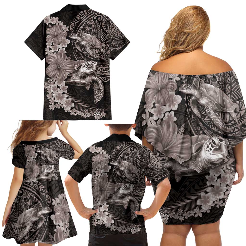 Hawaiian Plumeria and Hibiscus with Turtles Family Matching Off Shoulder Short Dress and Hawaiian Shirt Polynesian Art Grayscale LT03 - Polynesian Pride
