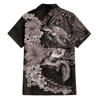Hawaiian Plumeria and Hibiscus with Turtles Family Matching Off Shoulder Short Dress and Hawaiian Shirt Polynesian Art Grayscale LT03 - Polynesian Pride