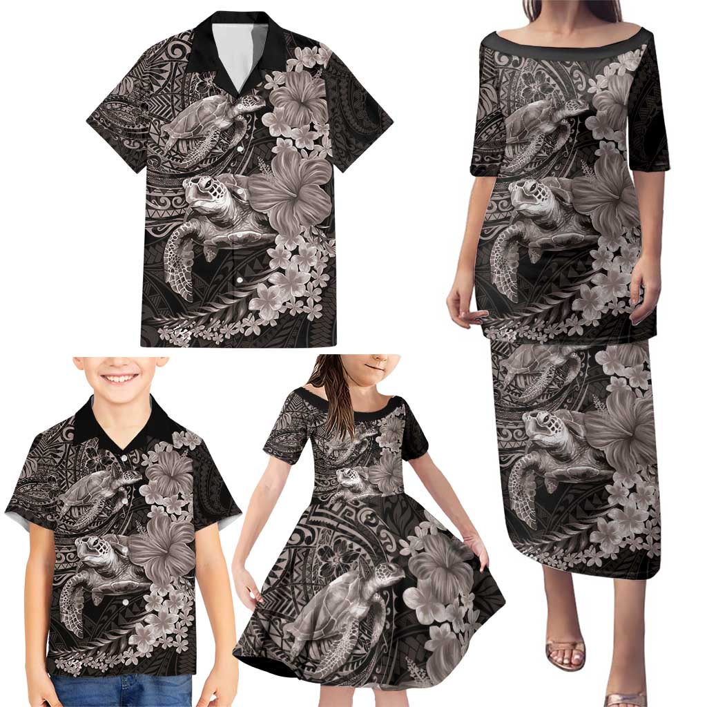 Hawaiian Plumeria and Hibiscus with Turtles Family Matching Puletasi and Hawaiian Shirt Polynesian Art Grayscale LT03 - Polynesian Pride