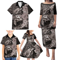 Hawaiian Plumeria and Hibiscus with Turtles Family Matching Puletasi and Hawaiian Shirt Polynesian Art Grayscale LT03 - Polynesian Pride