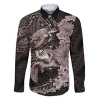Hawaiian Plumeria and Hibiscus with Turtles Family Matching Puletasi and Hawaiian Shirt Polynesian Art Grayscale LT03 Dad's Shirt - Long Sleeve Black - Polynesian Pride