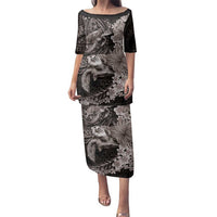 Hawaiian Plumeria and Hibiscus with Turtles Family Matching Puletasi and Hawaiian Shirt Polynesian Art Grayscale LT03 Mom's Dress Black - Polynesian Pride