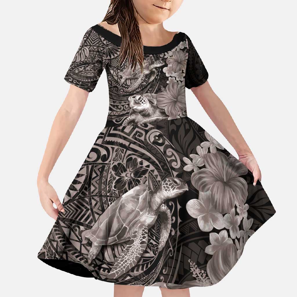 Hawaiian Plumeria and Hibiscus with Turtles Family Matching Short Sleeve Bodycon Dress and Hawaiian Shirt Polynesian Art Grayscale LT03 Daughter's Dress Black - Polynesian Pride