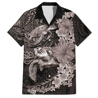Hawaiian Plumeria and Hibiscus with Turtles Family Matching Short Sleeve Bodycon Dress and Hawaiian Shirt Polynesian Art Grayscale LT03 Dad's Shirt - Short Sleeve Black - Polynesian Pride