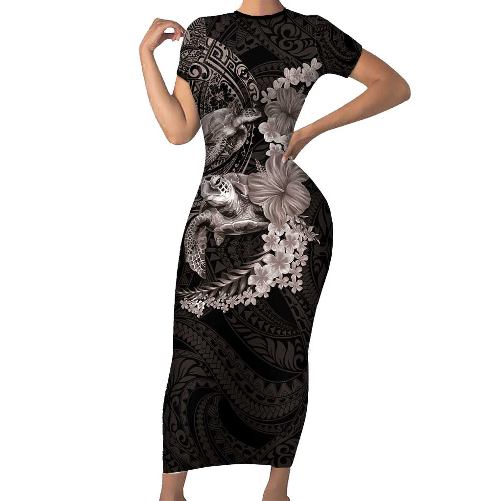 Hawaiian Plumeria and Hibiscus with Turtles Family Matching Short Sleeve Bodycon Dress and Hawaiian Shirt Polynesian Art Grayscale LT03 Mom's Dress Black - Polynesian Pride